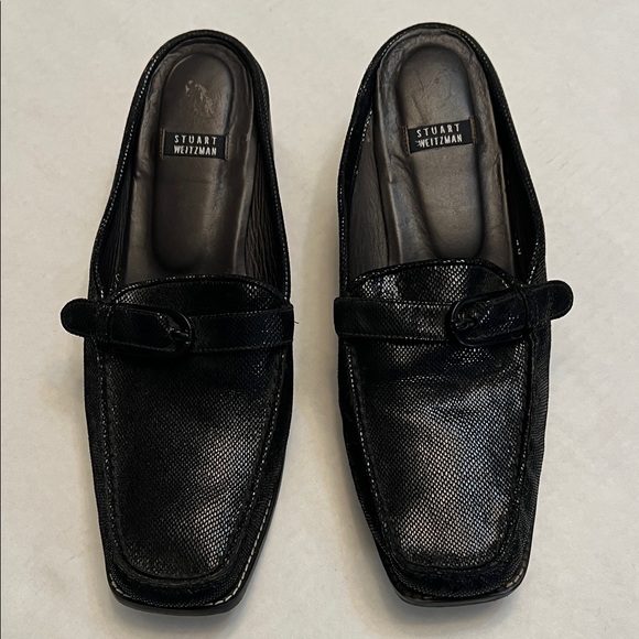 STUART WEITZMAN BLACK LEATHER MULES /SLIDES BLACK HEELS 9 - Picture 3 of 16